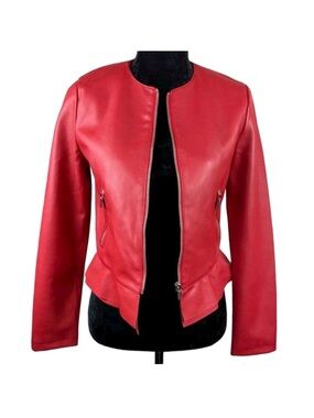 Zara Red Faux Leather Peplum Jacket zip up